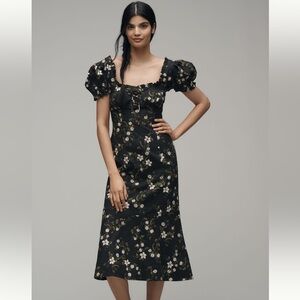 Maeve linen blend puff sleeve sweetheart midi dress Anthropologie NWT